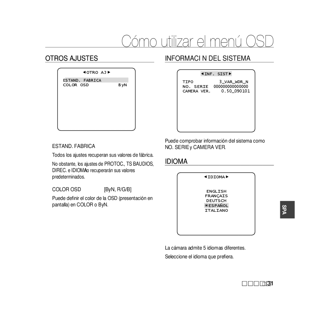 Samsung SCC-B5369P, SCC-B5367P manual Otros Ajustes Información DEL Sistema, Idioma, ESTAND. Fabrica, Color OSD, ByN, R/G/B 