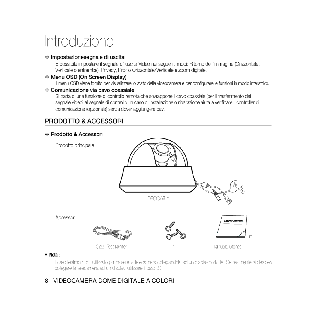 Samsung SCC-B5369P, SCC-B5367P Prodotto & Accessori Prodotto principale, Videocamera, Accessori Cavo Test Monitor Viti 