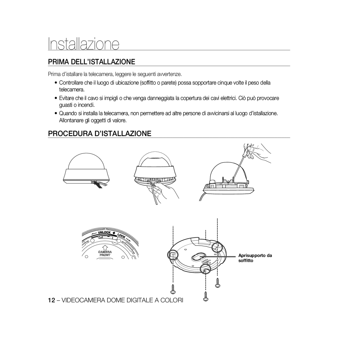 Samsung SCC-B5369P, SCC-B5367P manual Installazione, Prima DELL’ISTALLAZIONE, Procedura D’ISTALLAZIONE 