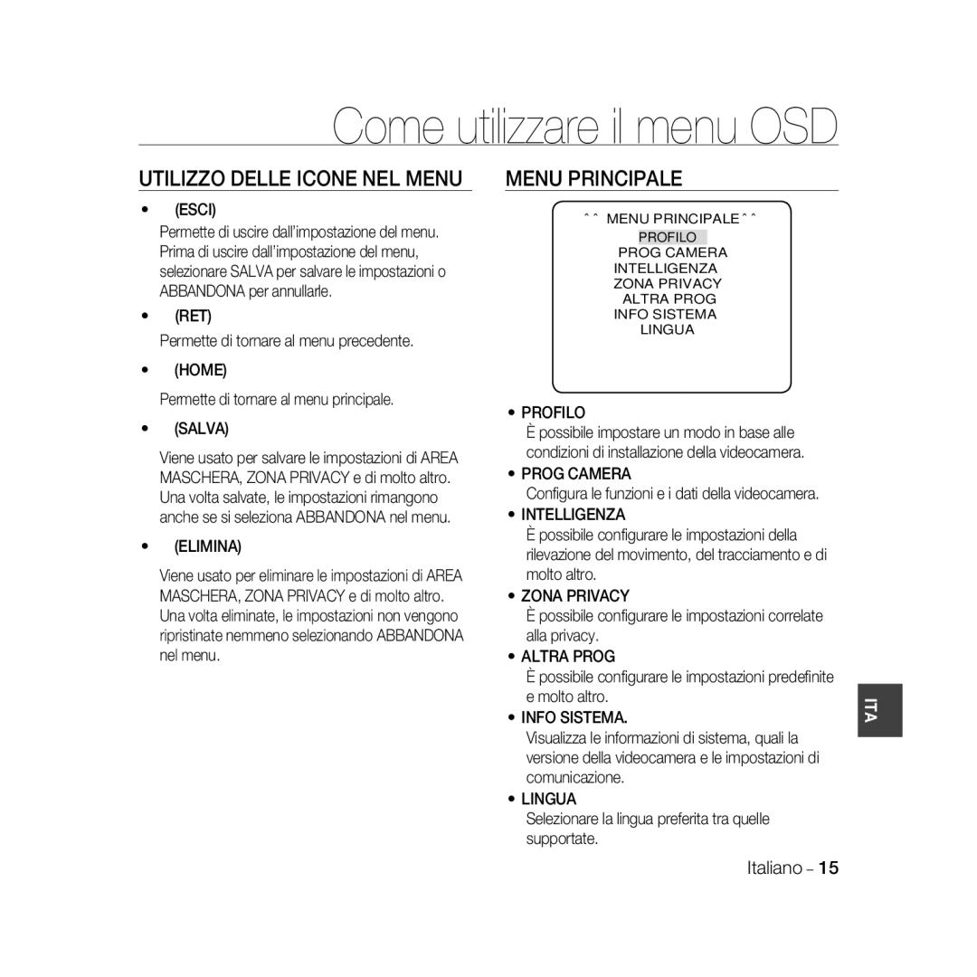 Samsung SCC-B5367P, SCC-B5369P manual Utilizzo Delle Icone NEL Menu, Menu Principale 