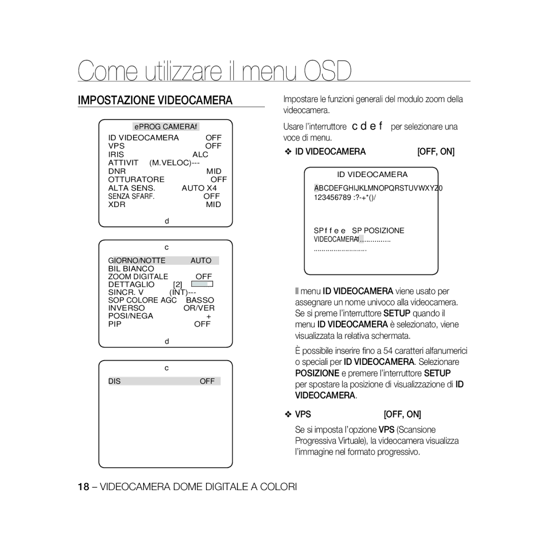 Samsung SCC-B5369P, SCC-B5367P manual Impostazione Videocamera, ID VIDEOCAMERAOFF, on 