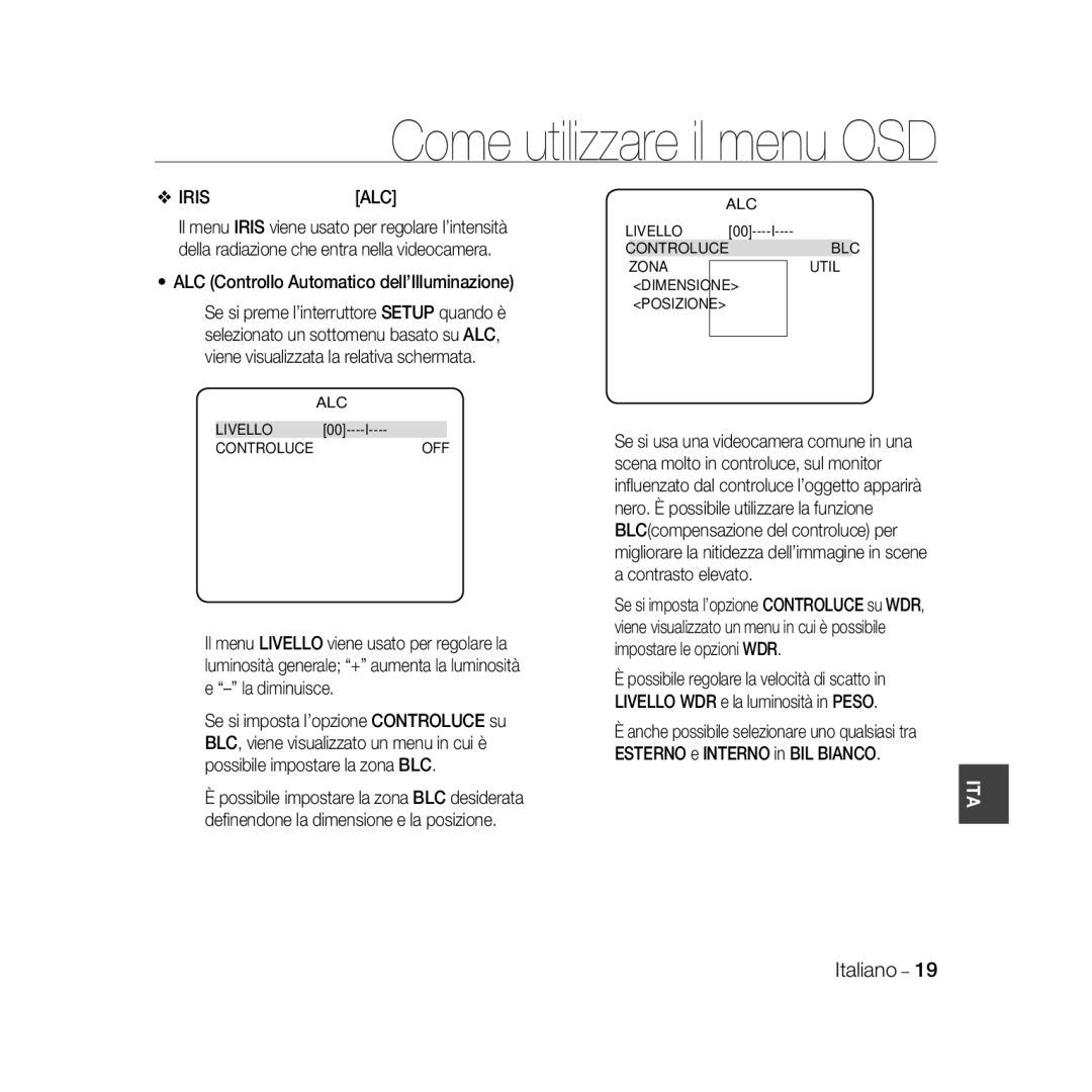 Samsung SCC-B5367P, SCC-B5369P manual ALC Controllo Automatico dell’Illuminazione, Livello 