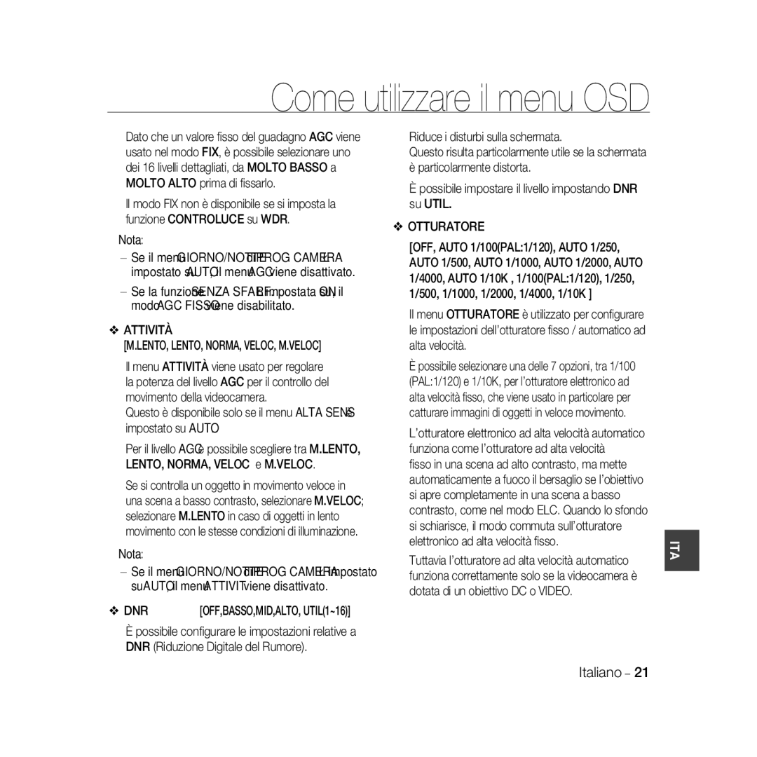 Samsung SCC-B5367P, SCC-B5369P manual Attività LENTO, LENTO, NORMA, VELOC, M.VELOC, Otturatore 