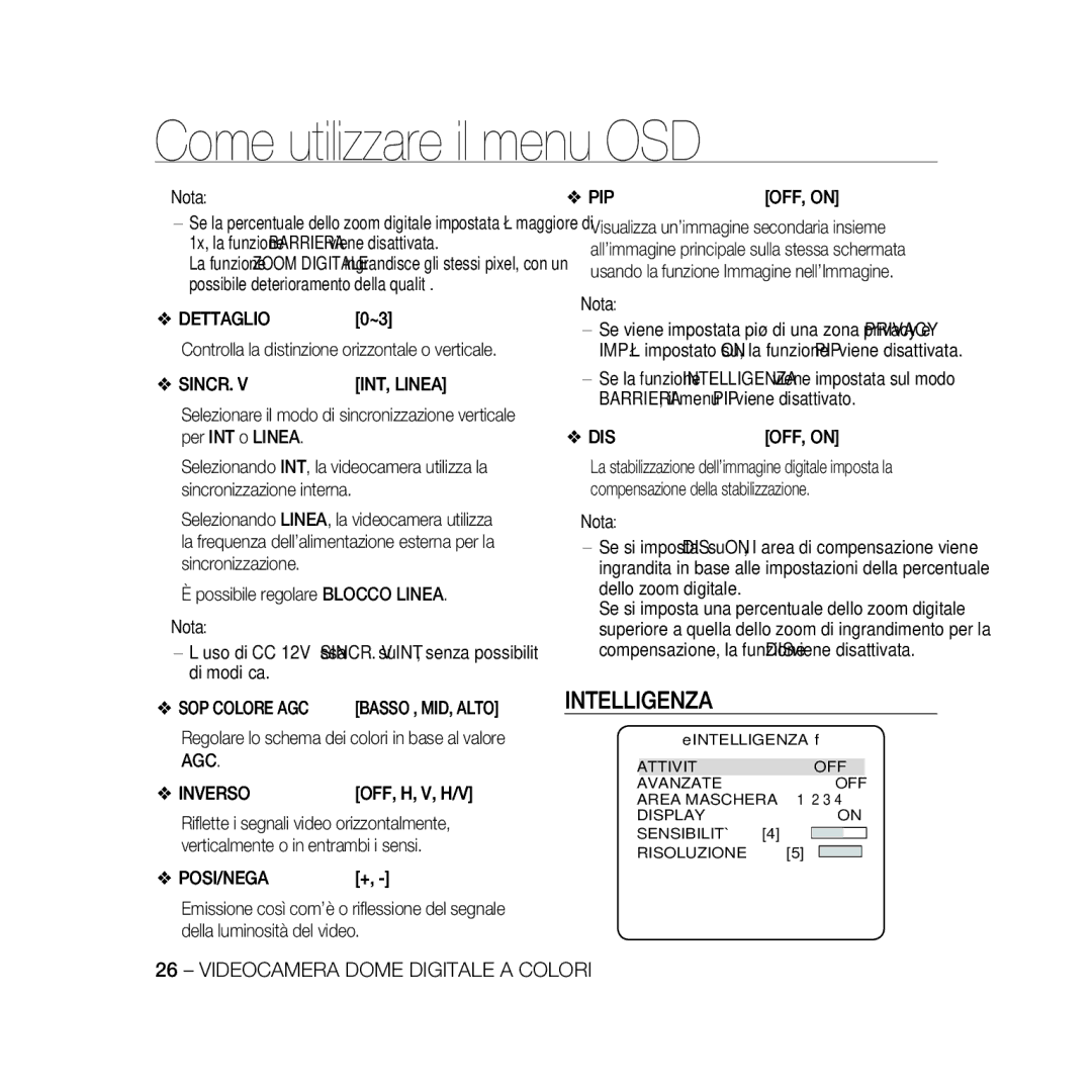 Samsung SCC-B5369P, SCC-B5367P manual Intelligenza, DETTAGLIO0~3, Sincr, SOP Colore AGC, AGC Inverso 