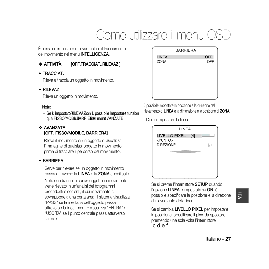 Samsung SCC-B5367P, SCC-B5369P manual Attività, Tracciat, Rilevaz, Avanzate OFF, FISSO/MOBILE, Barriera 