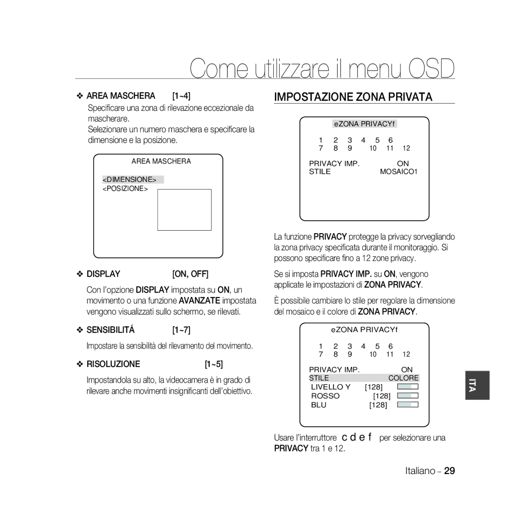 Samsung SCC-B5367P, SCC-B5369P manual Impostazione Zona Privata, Area Maschera, Sensibilitá, Risoluzione 