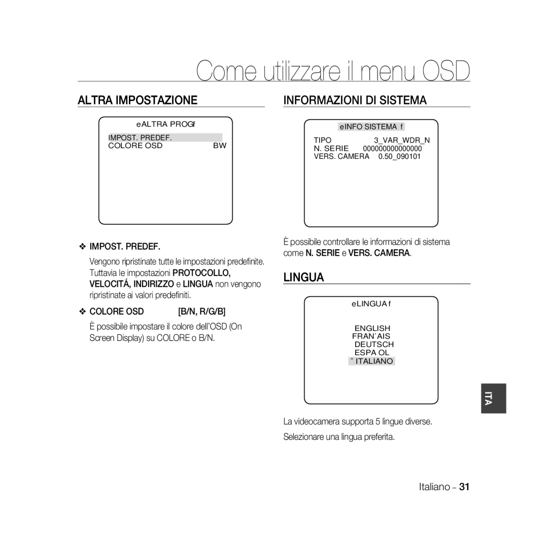 Samsung SCC-B5367P, SCC-B5369P manual Altra Impostazione, Informazioni DI Sistema, Lingua, IMPOST. Predef, Colore OSD 