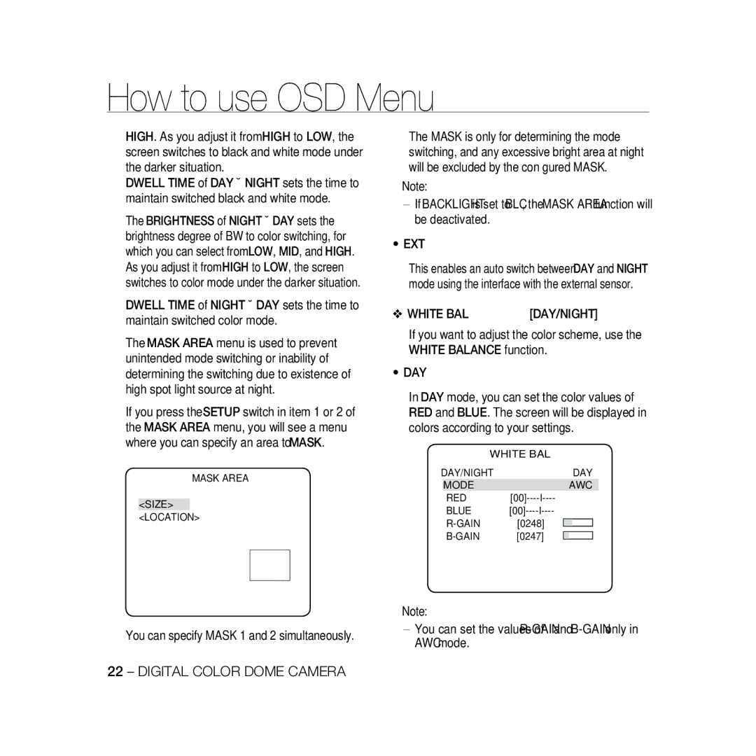 Samsung SCC-B5369P, SCC-B5367P manual You can specify Mask 1 and 2 simultaneously, Ext, ‹MASK AREA‹ Size Location 