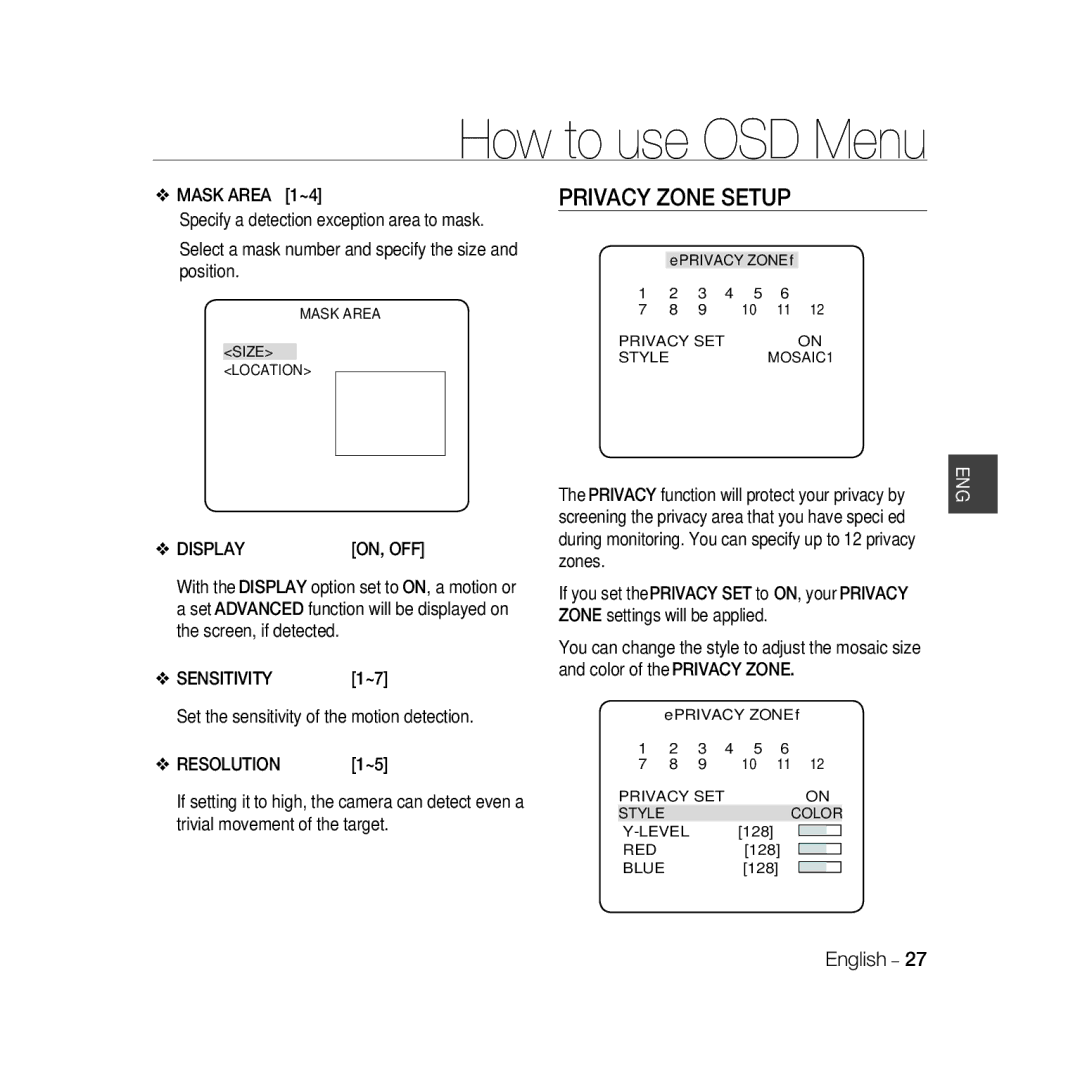 Samsung SCC-B5367P manual Mask Area 1~4, Display, Sensitivity, Set the sensitivity of the motion detection, Resolution 