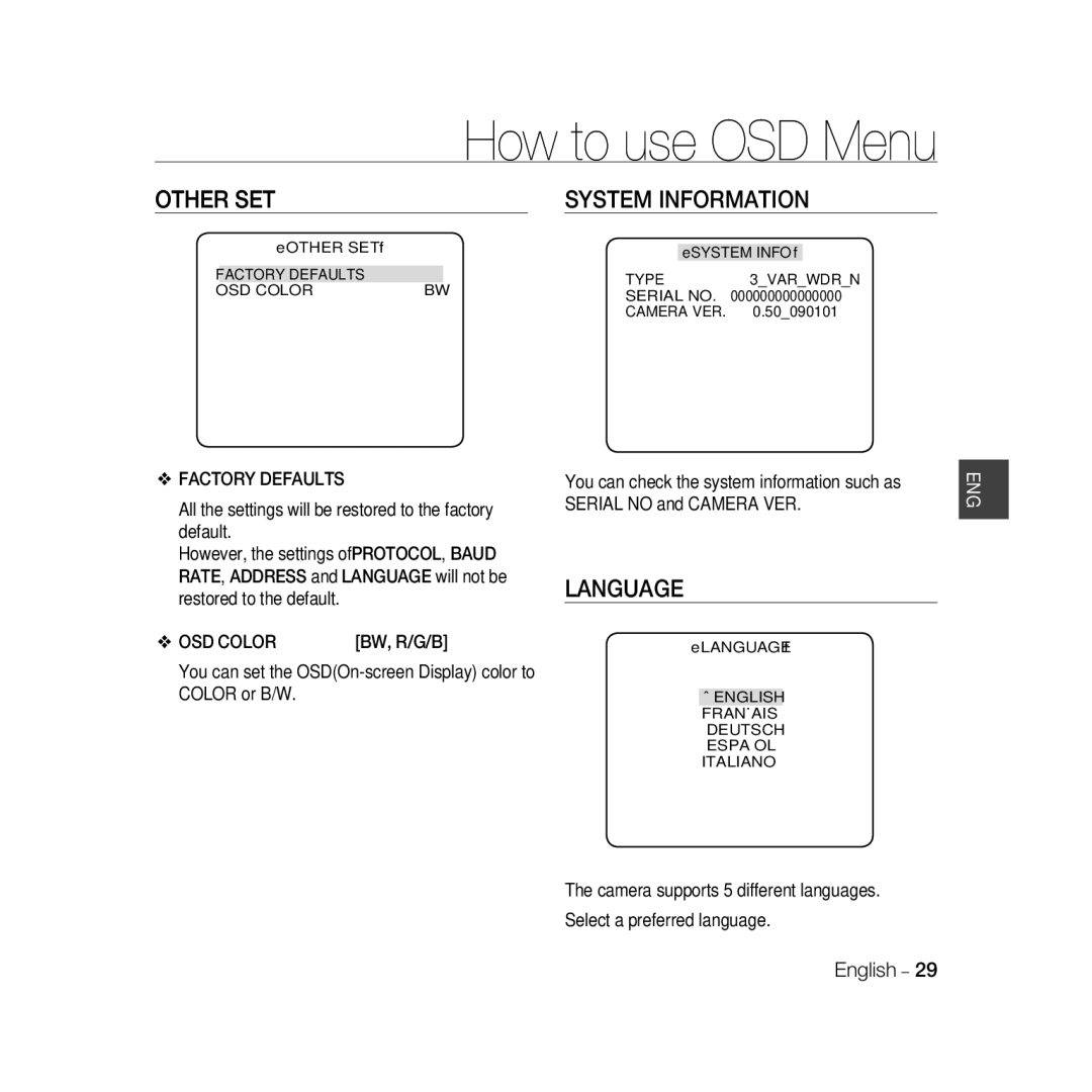 Samsung SCC-B5367P, SCC-B5369P manual Other SET System Information, Language, Factory Defaults, OSD Color, Bw, R/G/B 