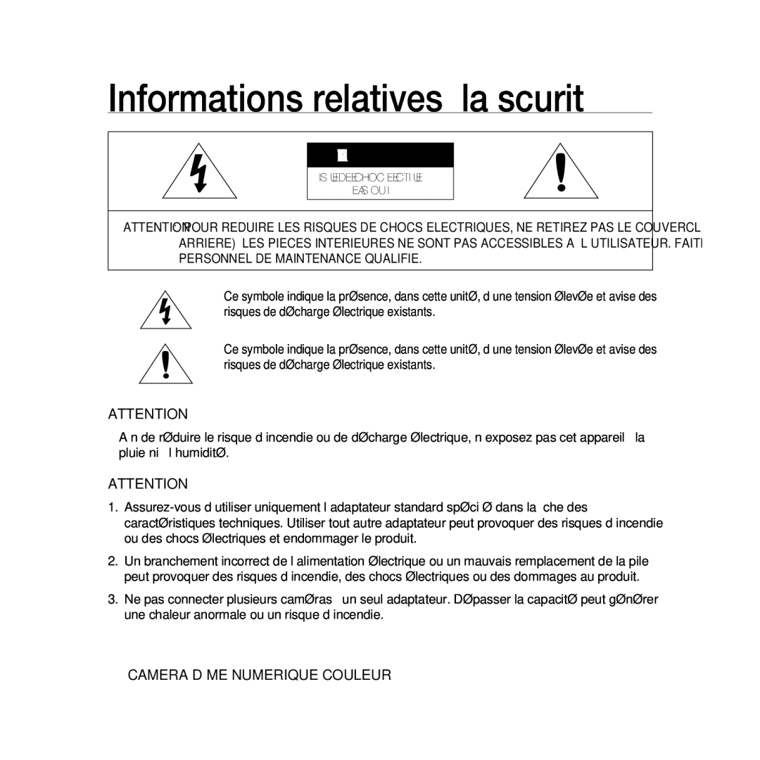 Samsung SCC-B5367P, SCC-B5369P manual Informations relatives à la sécurité 