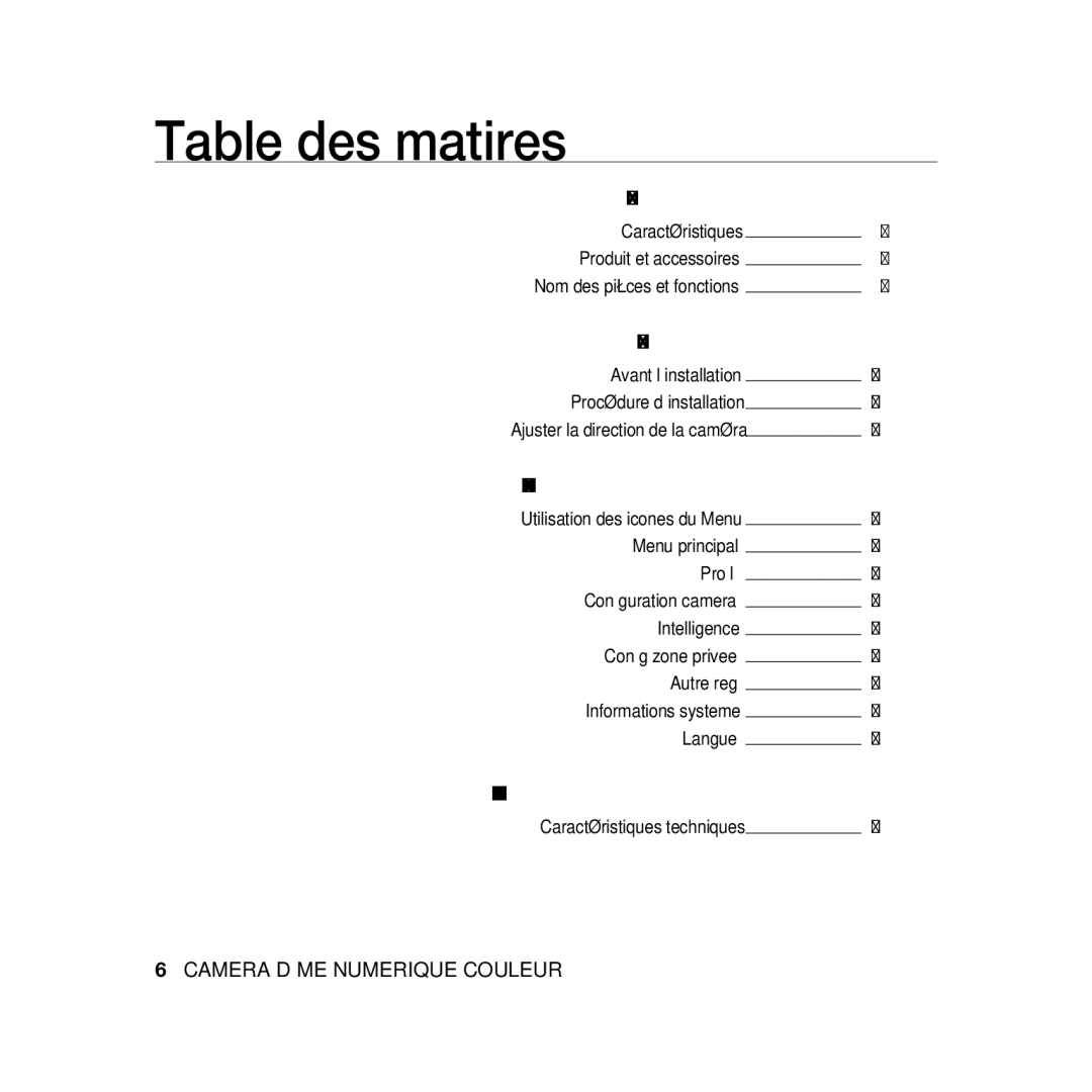 Samsung SCC-B5367P, SCC-B5369P manual Table des matières, Avant l’installation Procédure d’installation 