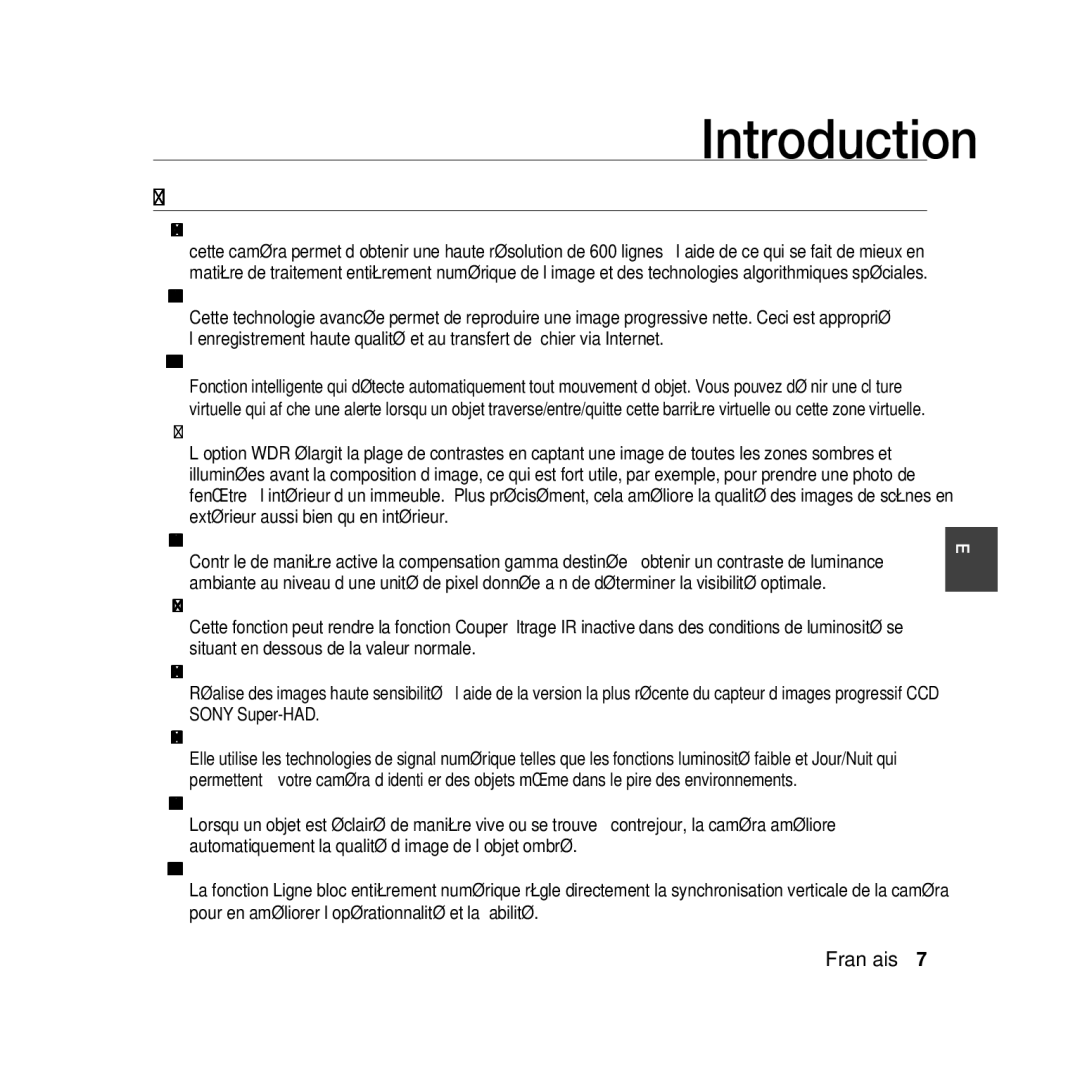 Samsung SCC-B5369P, SCC-B5367P manual Caractéristiques, Haute résolution, Jour/Nuit 