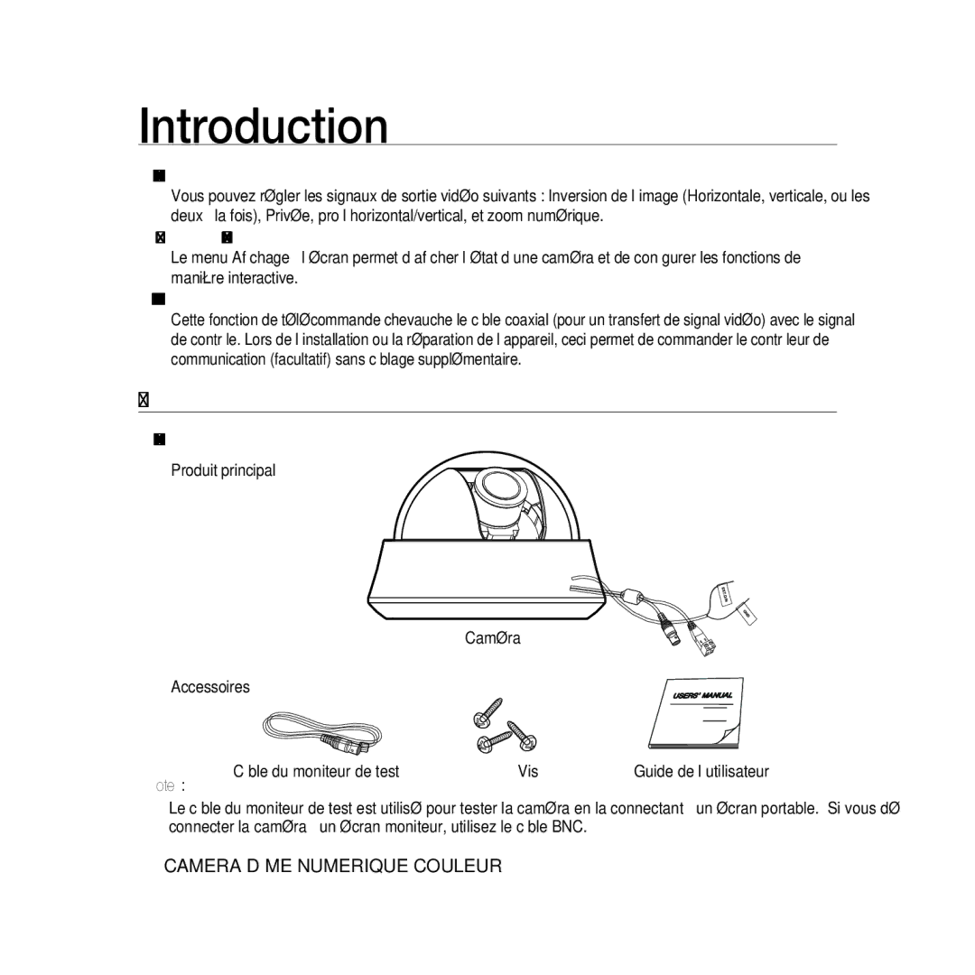 Samsung SCC-B5367P, SCC-B5369P manual Produit ET Accessoires 