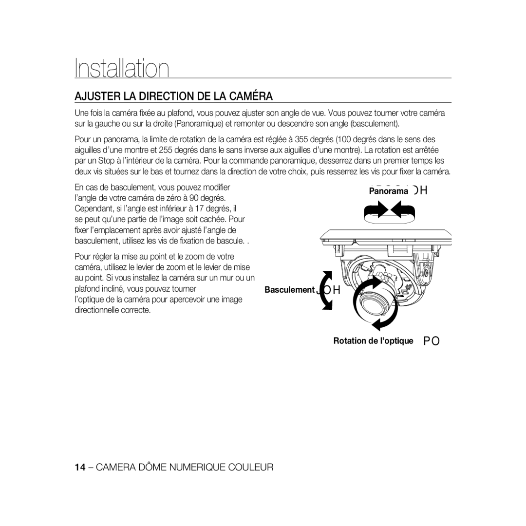 Samsung SCC-B5367P Ajuster LA Direction DE LA Caméra, En cas de basculement, vous pouvez modiﬁer, Rotation de l’optique 