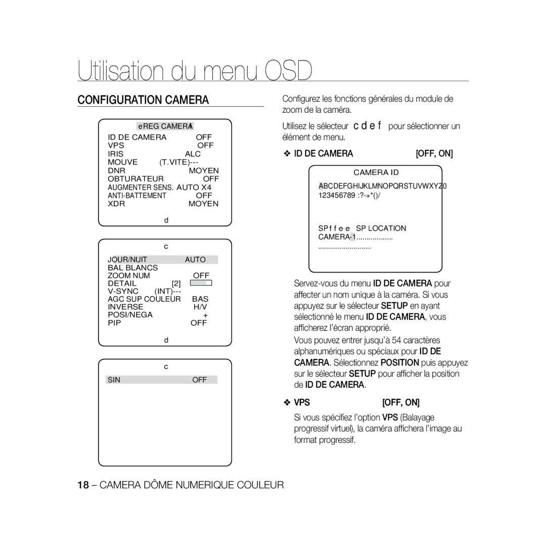 Samsung SCC-B5367P, SCC-B5369P manual Configuration Camera, ID DE CAMERAOFF, on 