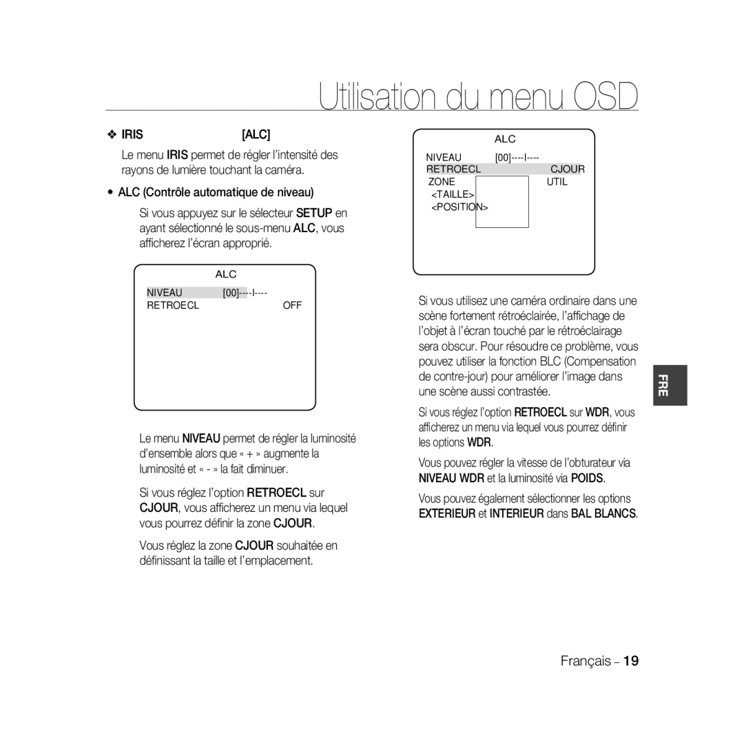 Samsung SCC-B5369P, SCC-B5367P manual ‹ALC‹ Niveau, Cjour, Zone Util, Position Niveau Retroecl OFF 