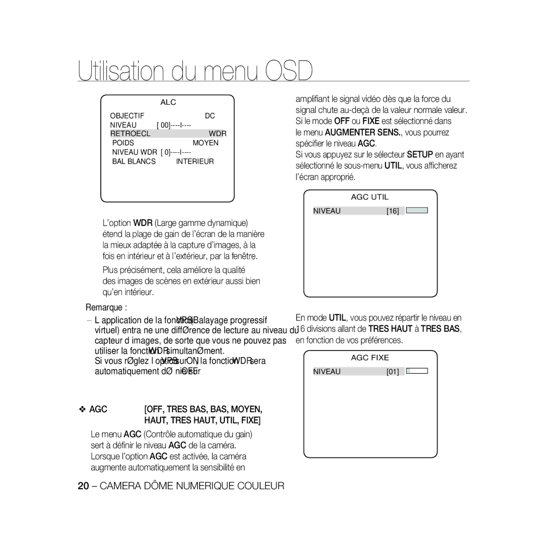 Samsung SCC-B5367P, SCC-B5369P manual Objectif Niveau Retroecl WDR Poids Moyen, ‹Agc Util‹, ‹Agc Fixe‹ 