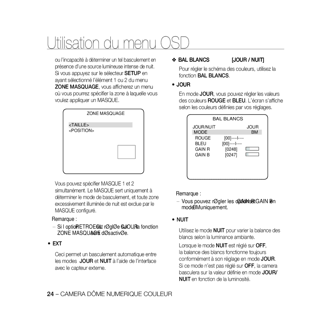 Samsung SCC-B5367P manual ‹ZONE MASQUAGE‹ Taille Position, ‹BAL Blancs ‹ JOUR/NUIT Jour Mode Rouge Bleu Gain R, Gain B 