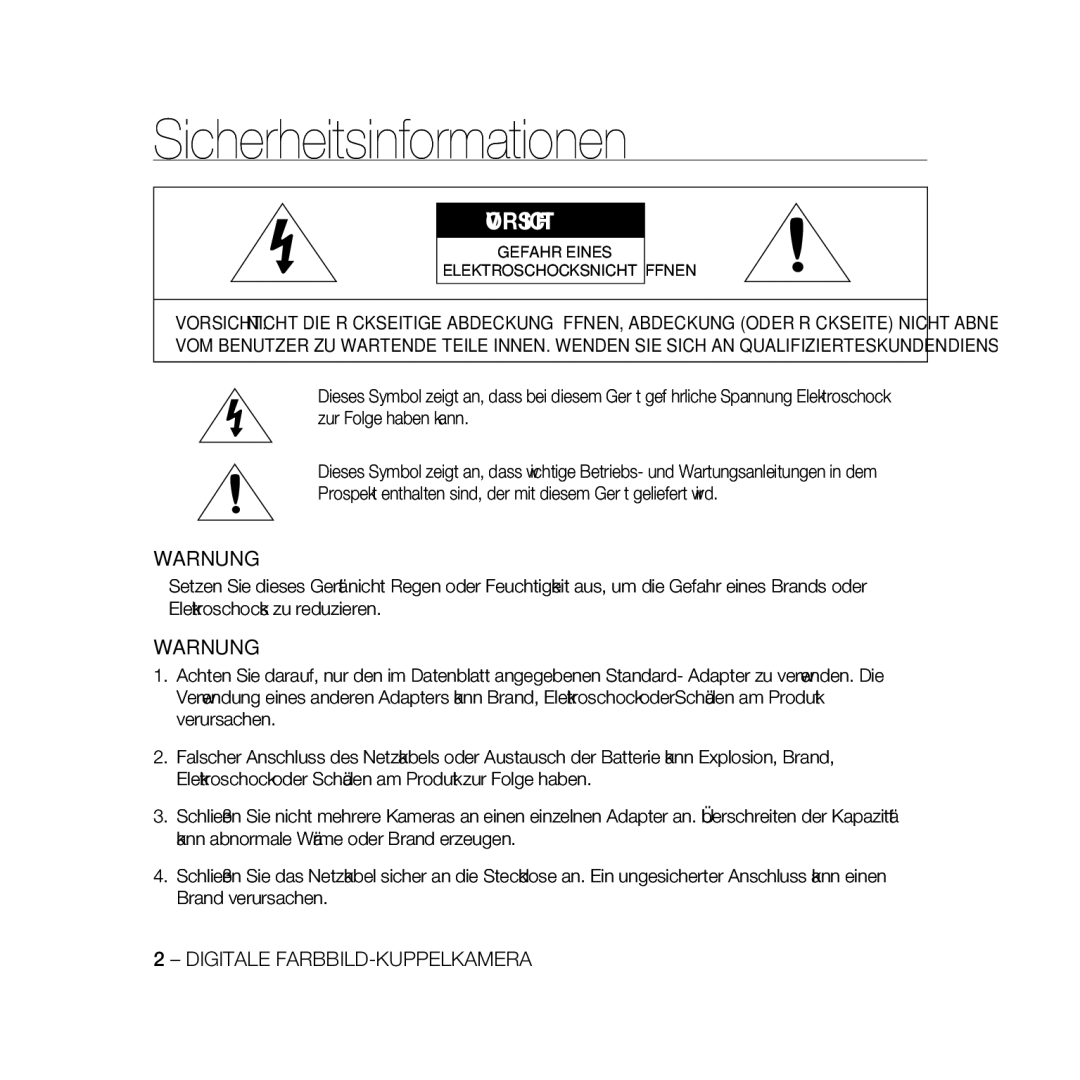 Samsung SCC-B5369P, SCC-B5367P manual Sicherheitsinformationen, Vorsicht 