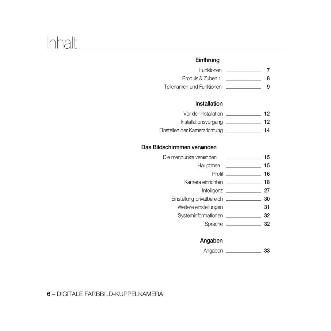 Samsung SCC-B5369P, SCC-B5367P manual Inhalt 