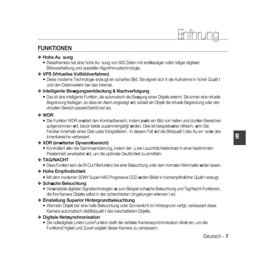 Samsung SCC-B5367P, SCC-B5369P manual Einführung, Funktionen, Tag/Nacht, Hohe Empﬁndlichkeit, Schwache Beleuchtung 