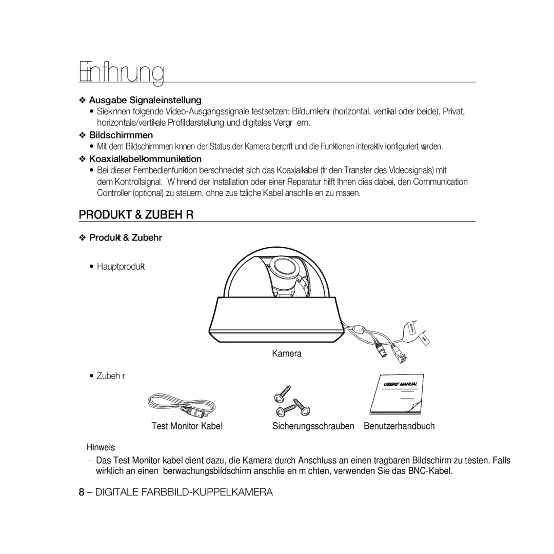 Samsung SCC-B5369P, SCC-B5367P manual Produkt & Zubehör, Koaxialkabelkommunikation,  Hinweis 