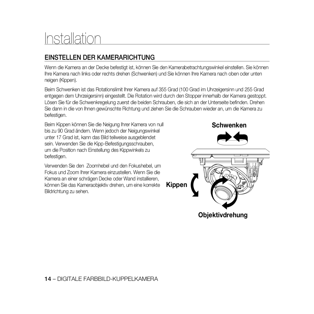 Samsung SCC-B5369P, SCC-B5367P manual Einstellen DER Kamerarichtung, Schwenken 