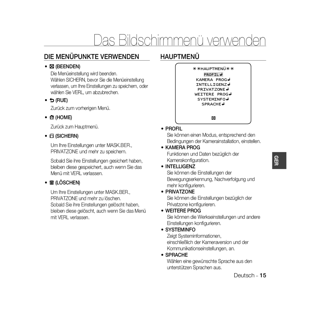 Samsung SCC-B5367P, SCC-B5369P manual DIE Menüpunkte Verwenden, Hauptmenü 