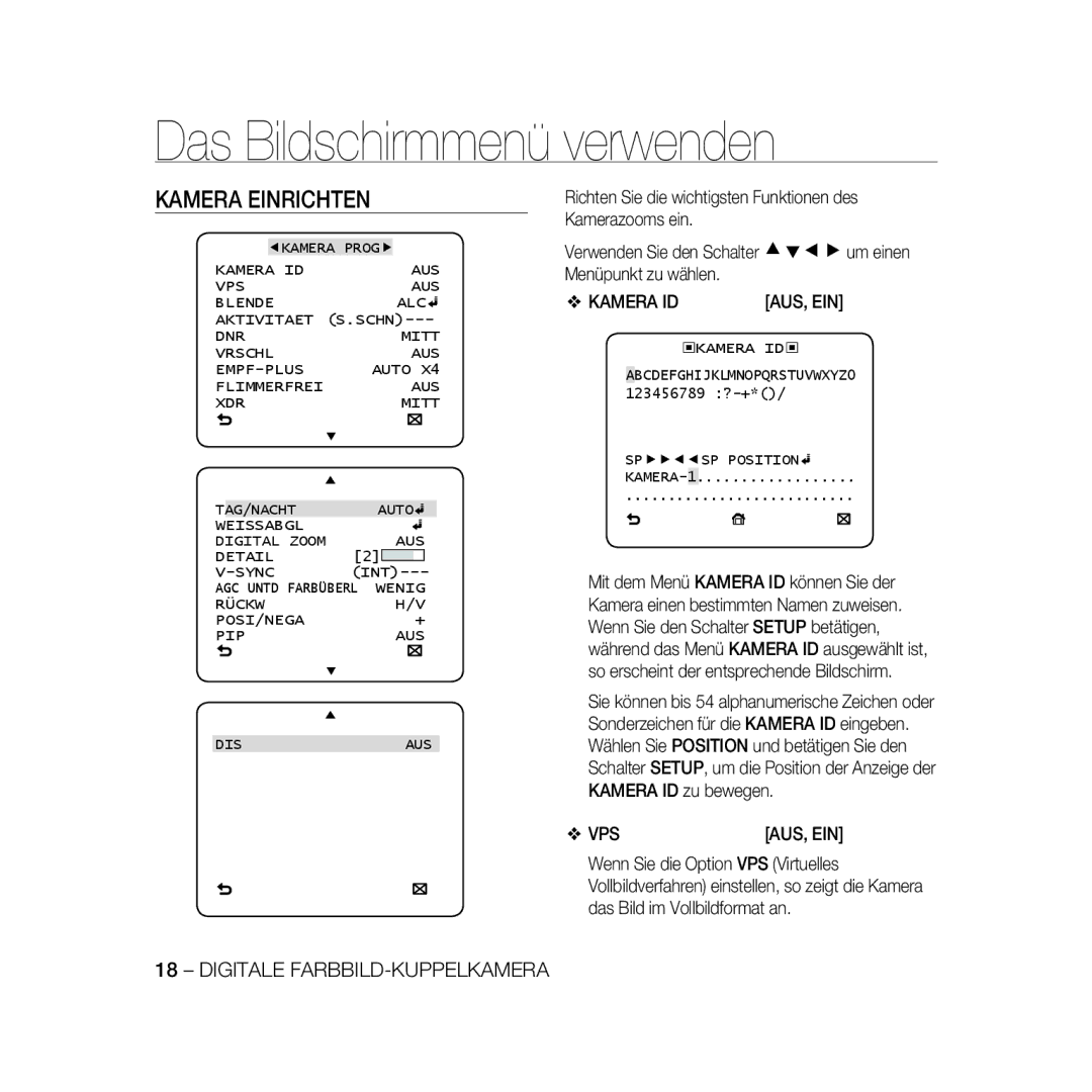 Samsung SCC-B5369P, SCC-B5367P manual Kamera Einrichten, Aus, Ein 