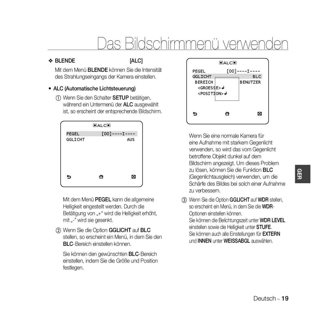 Samsung SCC-B5367P, SCC-B5369P Blende ALC, ALC Automatische Lichtsteuerung, Pegel Gglicht AUS, Pegel Gglicht BLC Bereich 