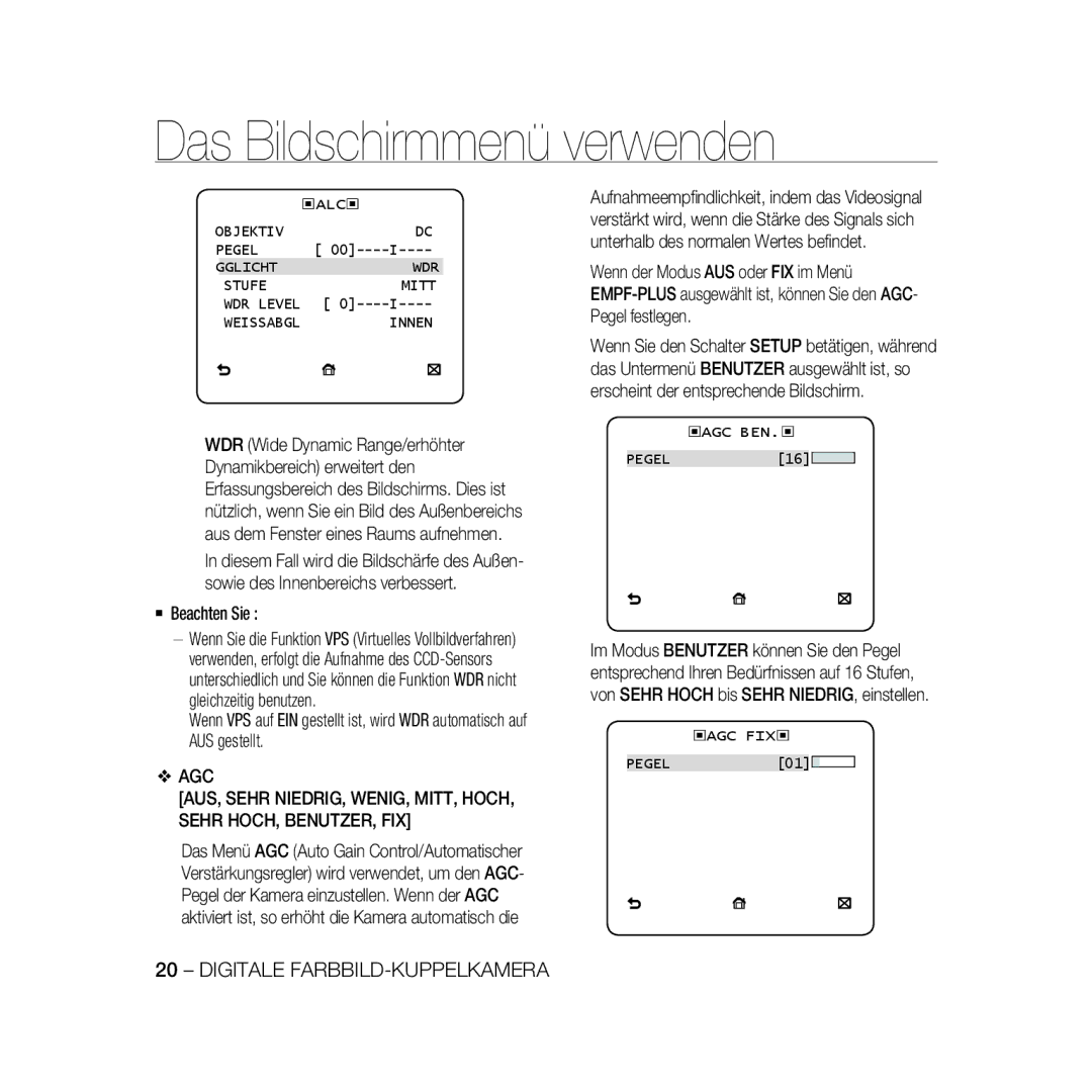 Samsung SCC-B5369P, SCC-B5367P manual  Beachten Sie, Objektiv Pegel Gglicht WDR Stufe Mitt, ‹Agc Ben.‹ 