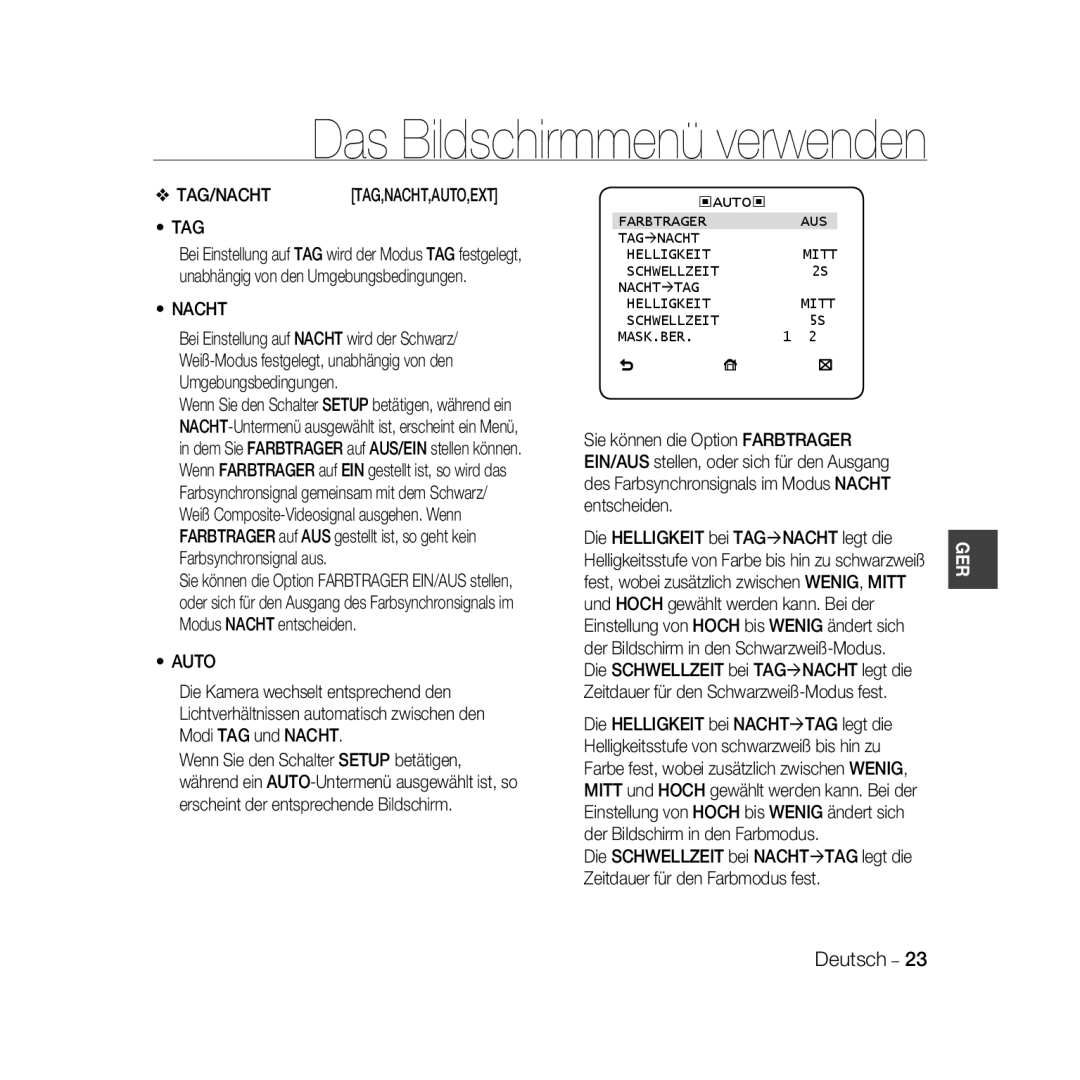 Samsung SCC-B5367P Tag, Farbtrager AUS TAG Ænacht Helligkeit, Schwellzeit Nacht Ætag Helligkeit, Schwellzeit MASK.BER 