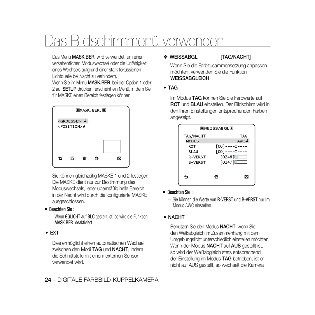 Samsung SCC-B5369P manual Weissabgleich TAG, ‹MASK.BER.‹ Groesse Position, ‹WEISSABGL‹ TAG/NACHT Modus AWC ROT Blau Verst 