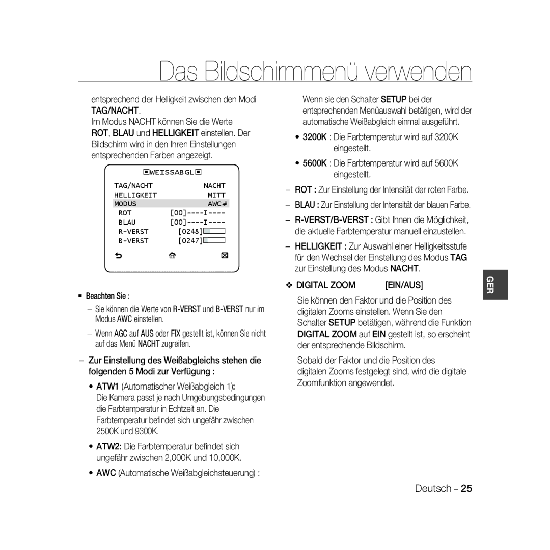 Samsung SCC-B5367P manual Entsprechend der Helligkeit zwischen den Modi TAG/NACHT, AWC Automatische Weißabgleichsteuerung 