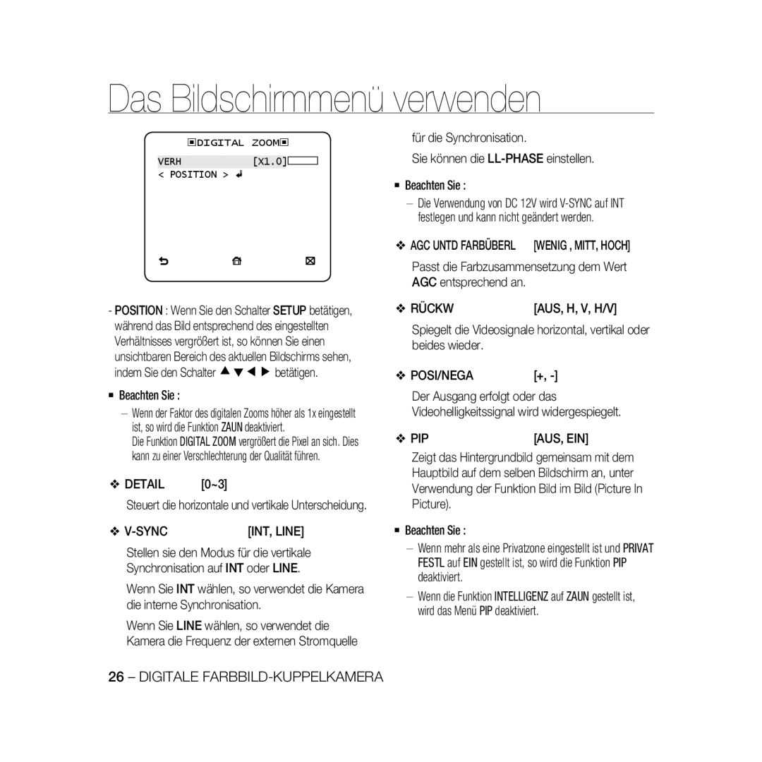 Samsung SCC-B5369P, SCC-B5367P manual Detail 0~3, AGC entsprechend an, Rückw, Aus, H, V, H/V, ‹DIGITAL Zoom ‹ Verh 