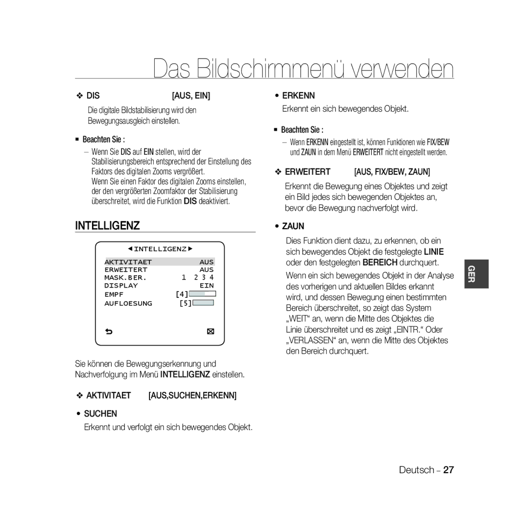 Samsung SCC-B5367P, SCC-B5369P manual Intelligenz 