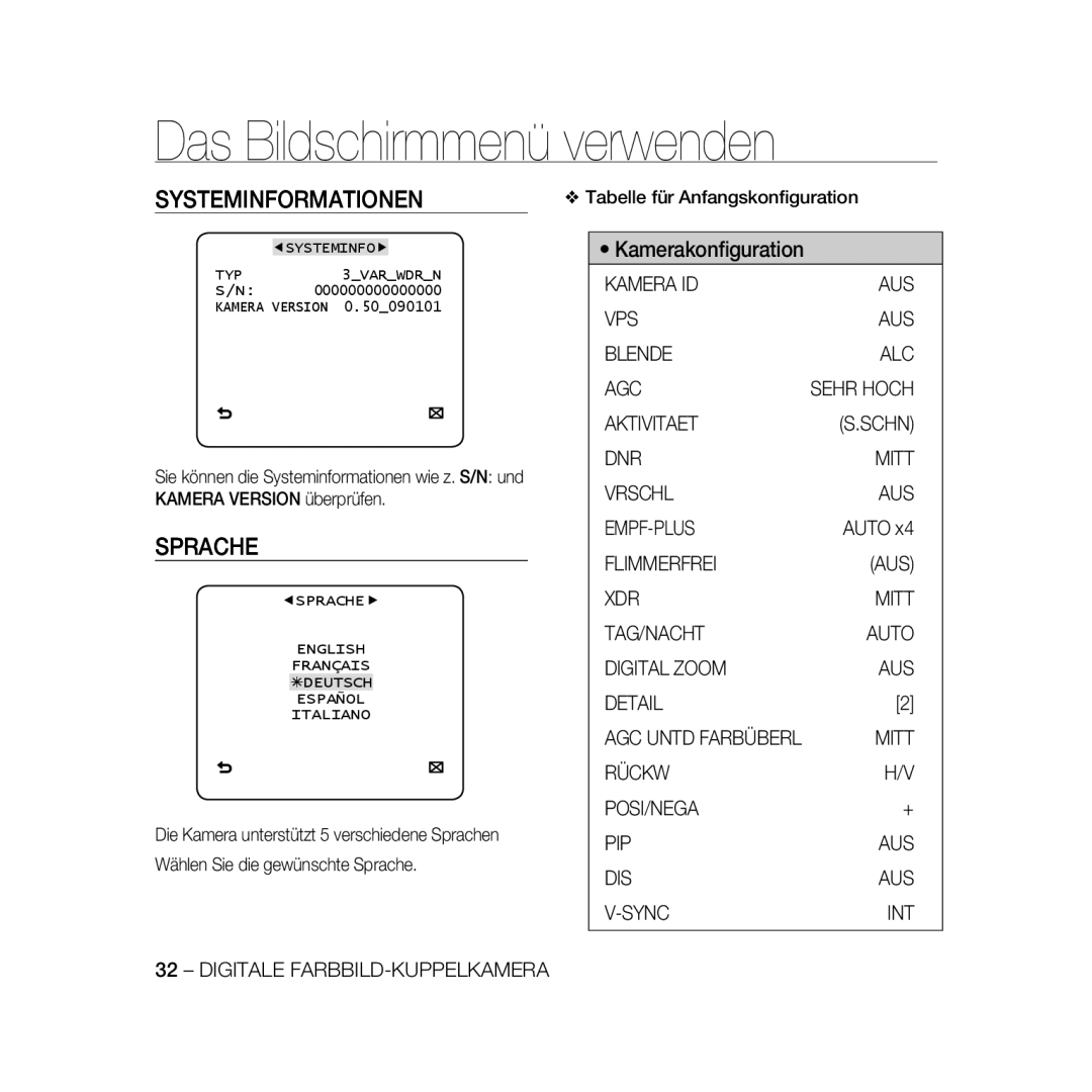 Samsung SCC-B5369P, SCC-B5367P manual Systeminformationen, Sprache, Kamerakonﬁguration, Das Bildschirmmenü verwenden 