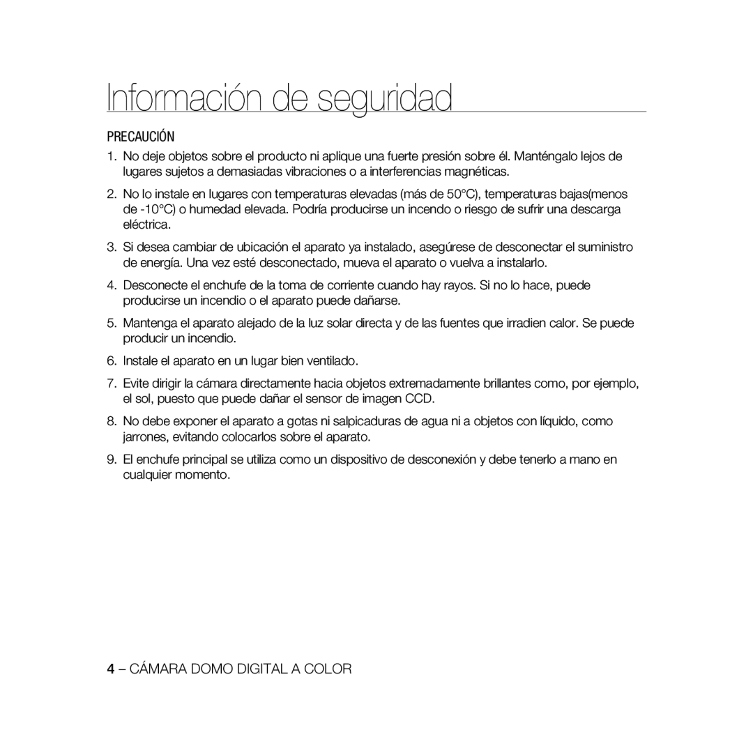 Samsung SCC-B5367P, SCC-B5369P manual Información de seguridad, Precaución, 4 - CÁMARA DOMO DIGITAL A COLOR 