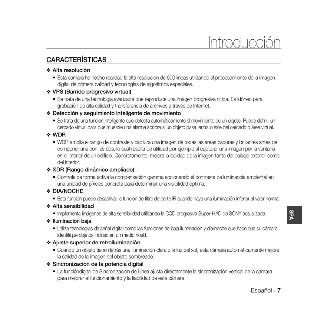 Samsung SCC-B5369P, SCC-B5367P manual Introducción, Características 