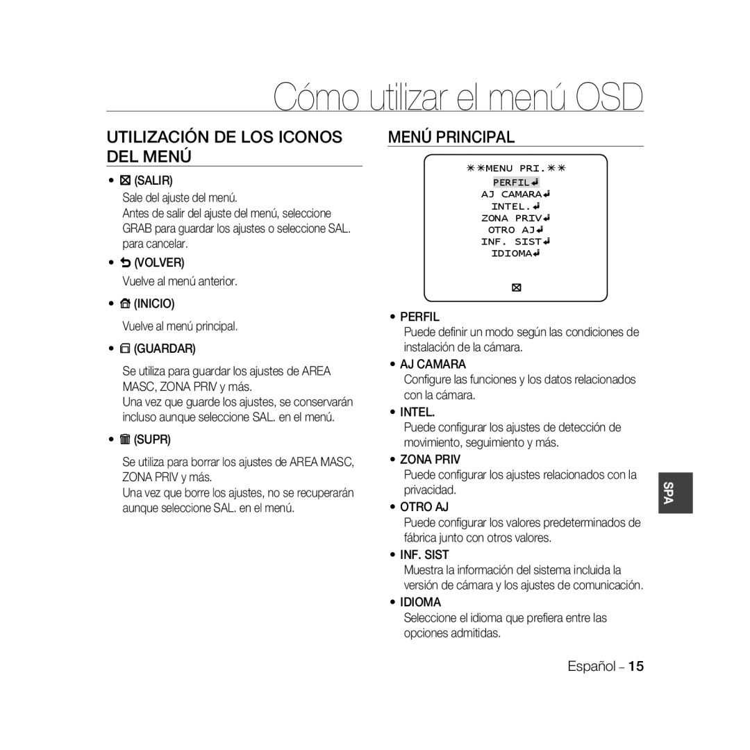 Samsung SCC-B5369P, SCC-B5367P manual Cómo utilizar el menú OSD, Utilización De Los Iconos Del Menú, Menú Principal 