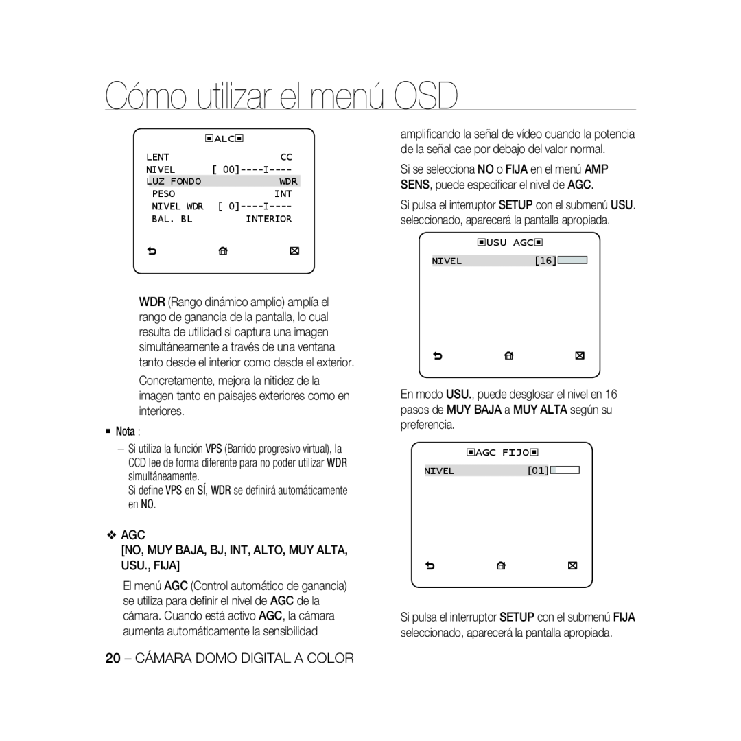 Samsung SCC-B5367P, SCC-B5369P manual Cómo utilizar el menú OSD, 20 - CÁMARA DOMO DIGITAL A COLOR, Nivel Wdr, Interior 