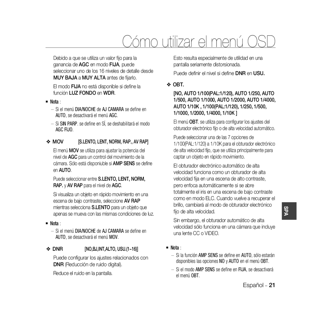 Samsung SCC-B5369P, SCC-B5367P manual Cómo utilizar el menú OSD, Si SIN PARP. se deﬁne en SÍ, se deshabilitará el modo 