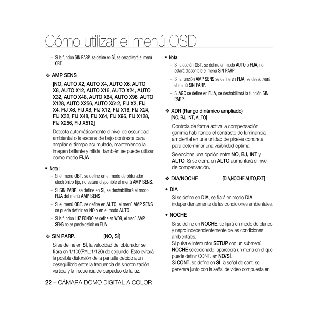 Samsung SCC-B5367P, SCC-B5369P manual Cómo utilizar el menú OSD, 22 - CÁMARA DOMO DIGITAL A COLOR, Dia,Noche,Auto,Ext 