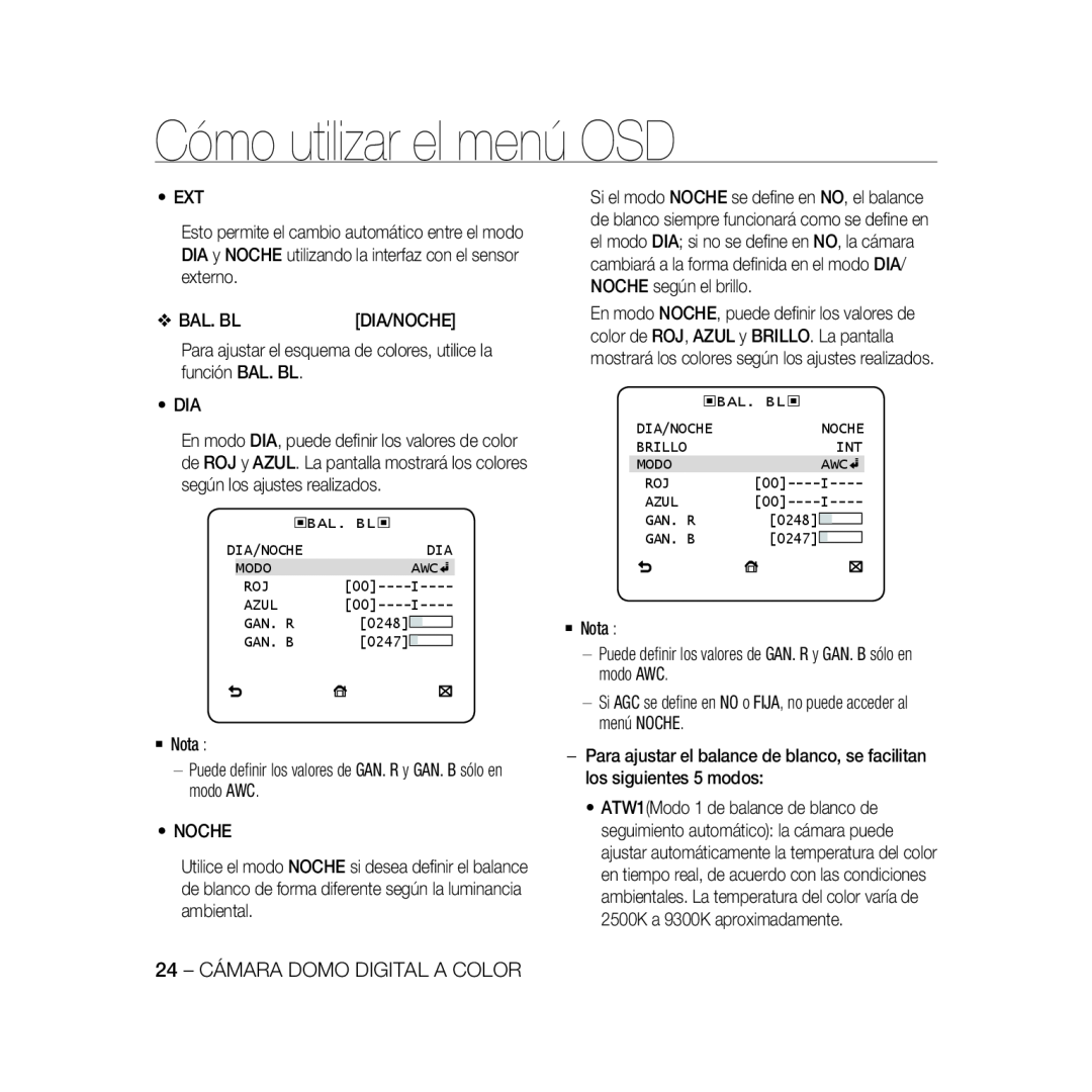 Samsung SCC-B5367P, SCC-B5369P manual Cómo utilizar el menú OSD, 24 - CÁMARA DOMO DIGITAL A COLOR, Dia/Noche 