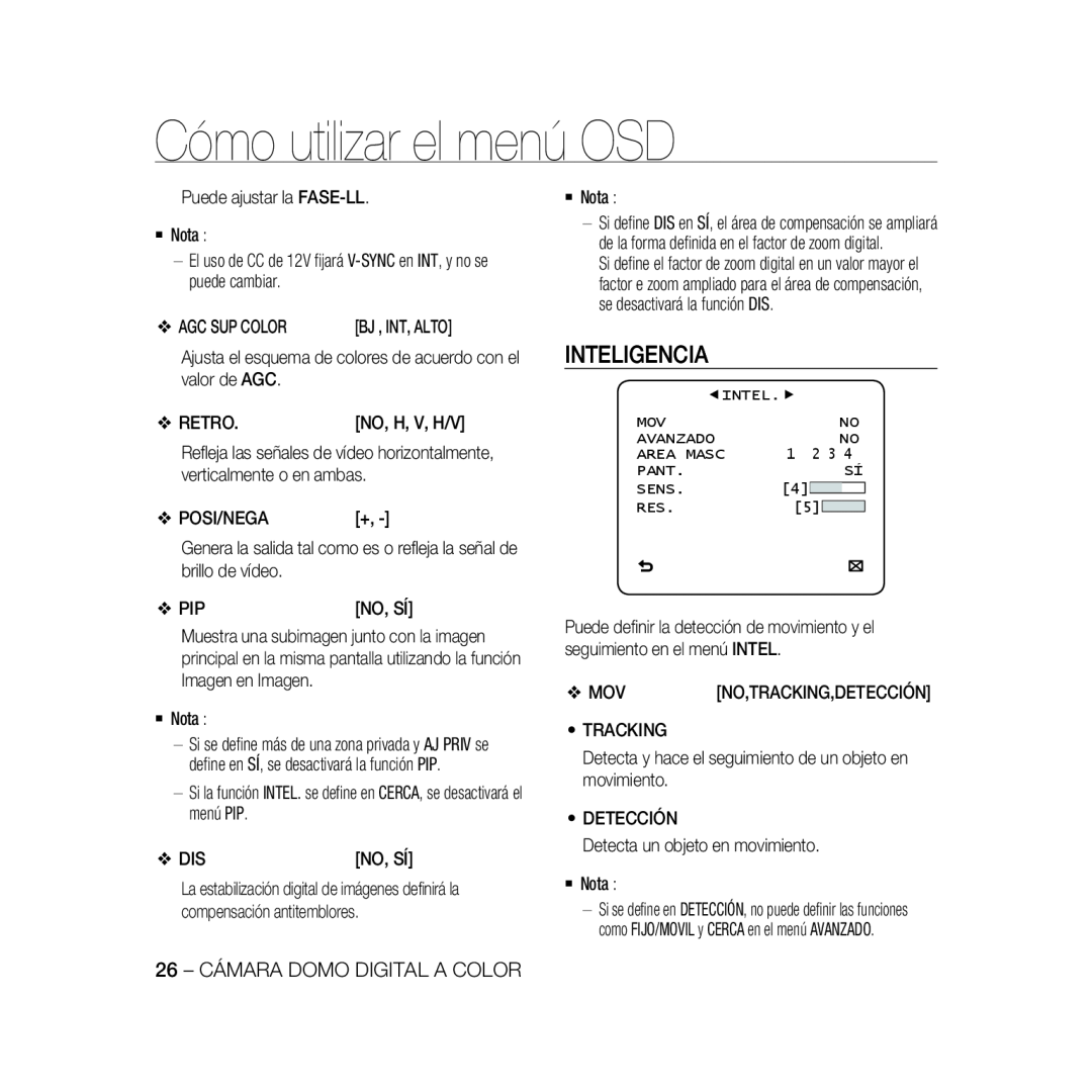 Samsung SCC-B5367P, SCC-B5369P manual Inteligencia, Cómo utilizar el menú OSD, 26 - CÁMARA DOMO DIGITAL A COLOR 