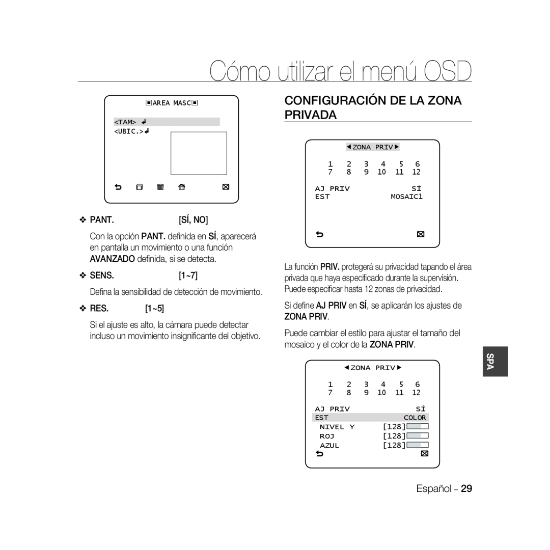 Samsung SCC-B5369P, SCC-B5367P manual Configuración De La Zona Privada, Cómo utilizar el menú OSD, Sí, No 