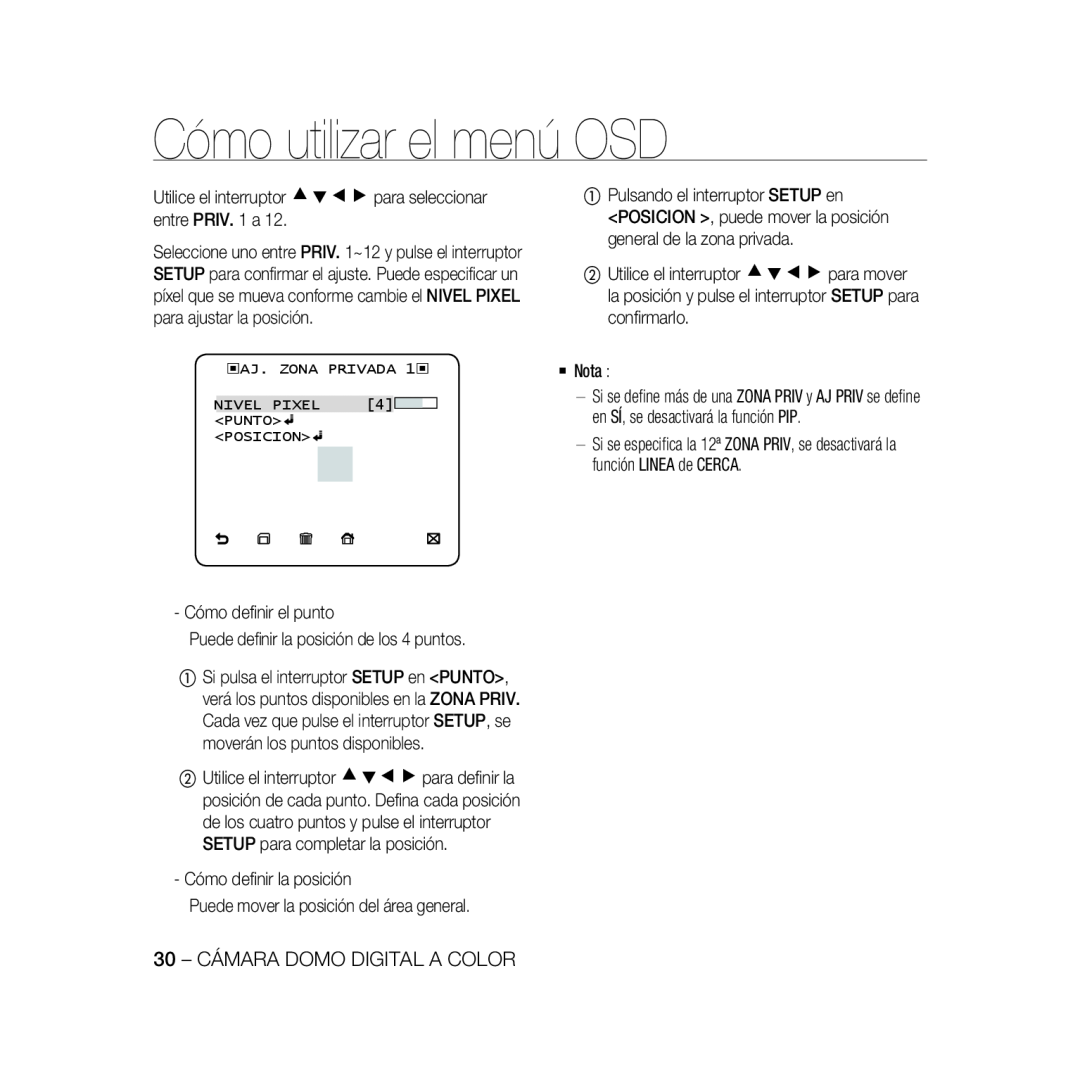 Samsung SCC-B5367P, SCC-B5369P manual Cómo utilizar el menú OSD, 30 - CÁMARA DOMO DIGITAL A COLOR 