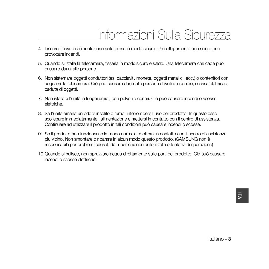 Samsung SCC-B5367P, SCC-B5369P manual Informazioni Sulla Sicurezza, Italiano 