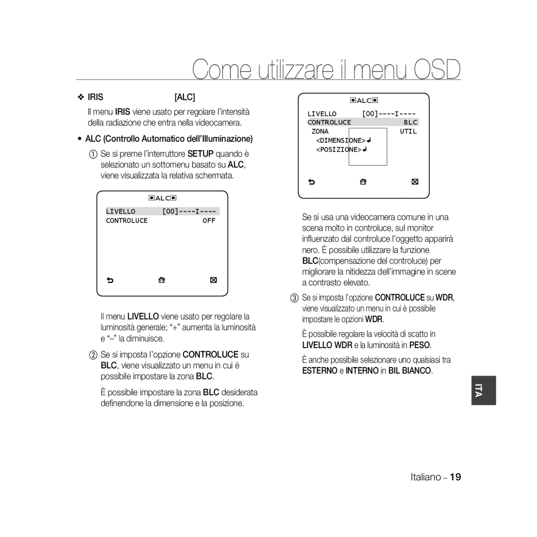 Samsung SCC-B5367P, SCC-B5369P manual Come utilizzare il menu OSD, Controluce 